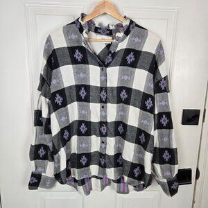 Xirena Flannel Shirt Womens Medium Pearl‎ Snap Black White Plaid Southwest boxy